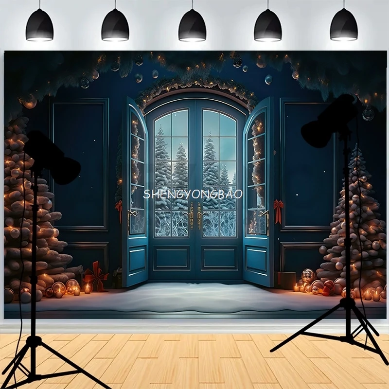 

Christmas Wreath Large Window Xmas Decoration Background Warmth Living Room Family Happiness Party Photography Backdrops AG-10