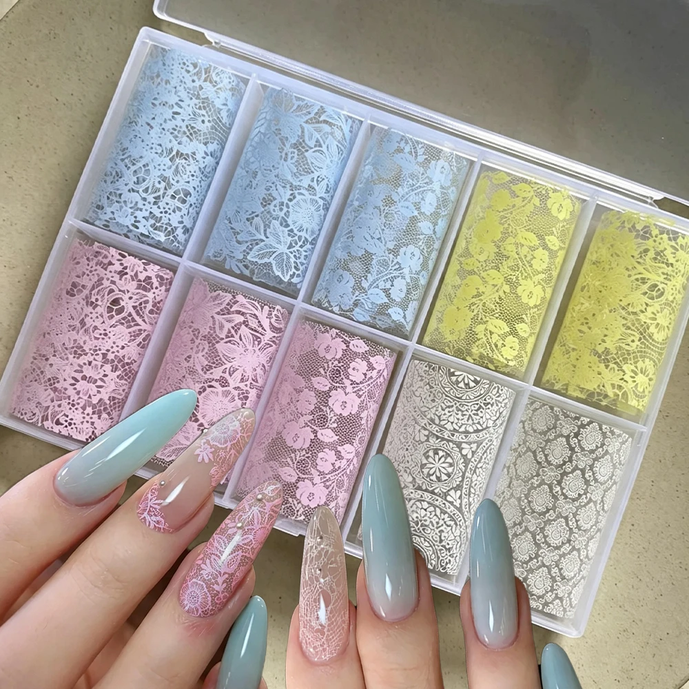 10Rolls Pink Blue White Lace Transfer Nail Sticker 4x50CM Elegant Flowers Lace  Macaron Color Nail Transfer Paper DIY Nail Foils