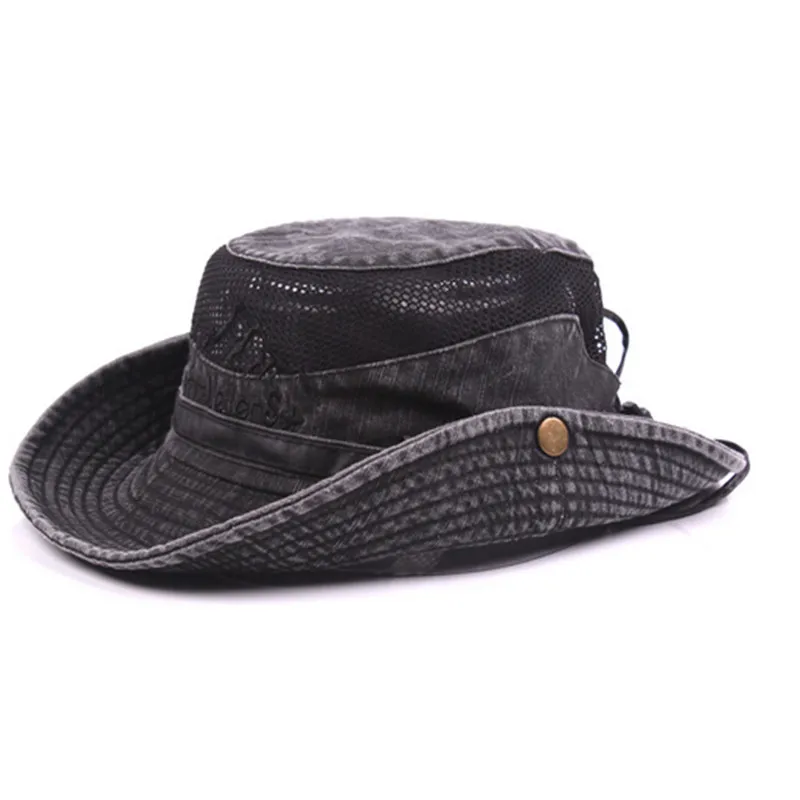 Men Bucket Cap with Adjustable Strap Letters Embroidery Pattern Fisherman Hat Hollow Out Cowboy Cap Clothes Accessories