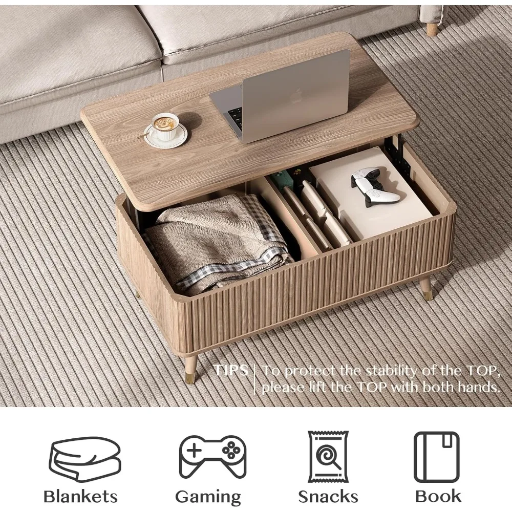 Mesa de centro elevable estriada moderna de mediados de siglo con almacenamiento oculto para sala de estar