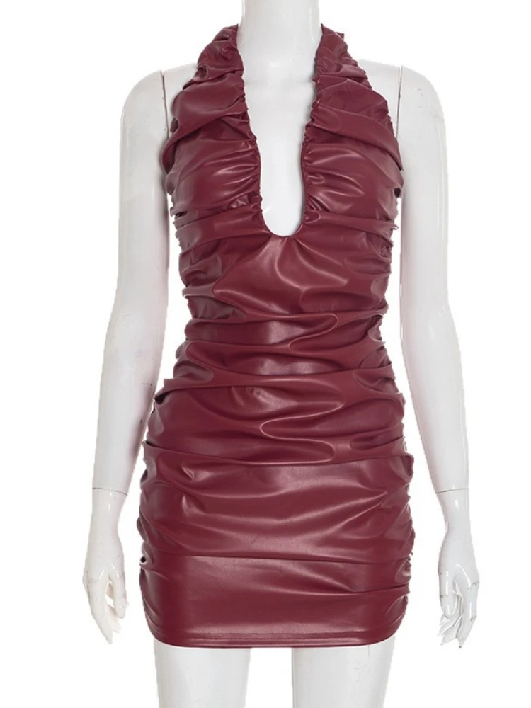 เดรสสั้นหนังเทียมสำหรับผู้หญิง แฟชั่นเรียบหรู คอวีลึก ผูกคอ แขนกุด เปิดหลัง ทรงเข้ารูป เหมาะสำหรับงานปาร์ตี้และคลับ