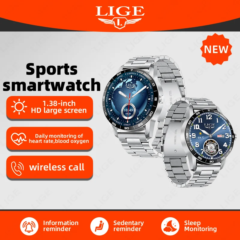 

LIGE Новые 1,38-дюймовые HD умные часы с большим экраном для спорта на открытом воздухе, умный браслет для женщин и мужчин, мониторинг здоровья, фитнес, умное напоминание