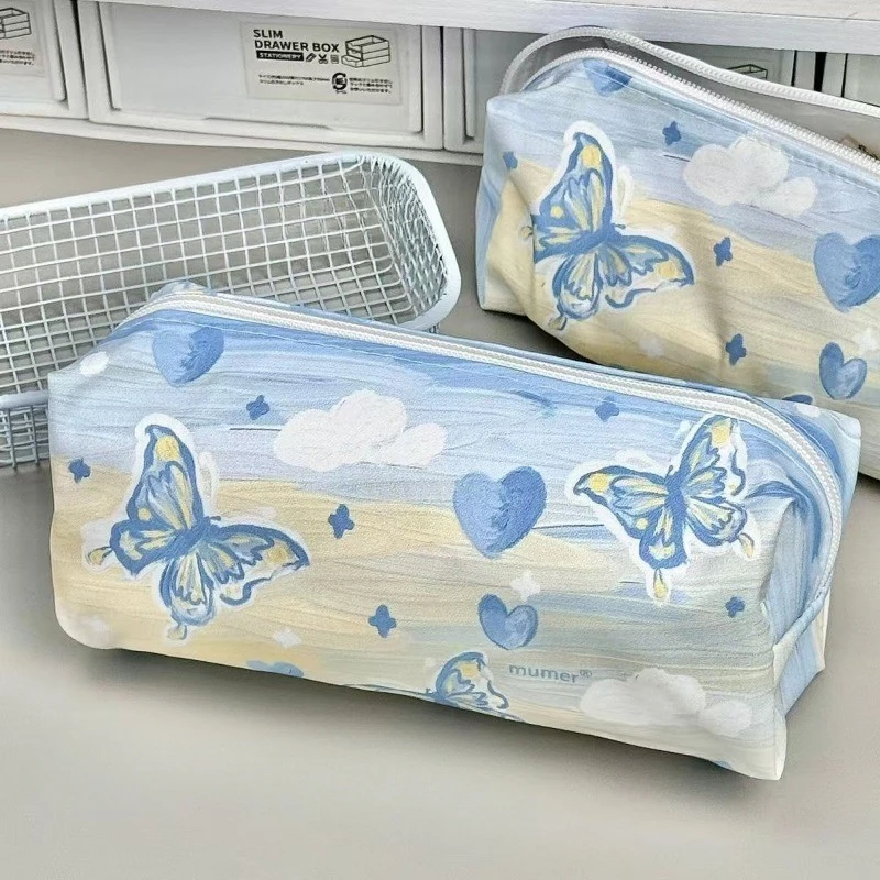 Cute Butterfly Pencil Case Creative Oil Painting Pattern Simple Pencil Bag Large Capacity Multifunctional Stationery Storage Bag
