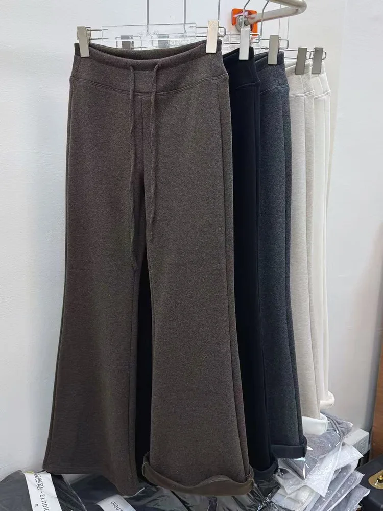 

Trendy Fce Lined Dstring Thiened Women's Faionable Bell Bot Pants High Waist American Sle Casual Trousers