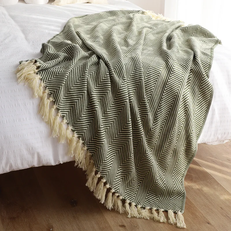 

Withered Classic American Retro Green Herringbone Pattern Woven Blanket Hotel Homestay Bed Tail Scarf Bed Tail Blanket Sofa Blan