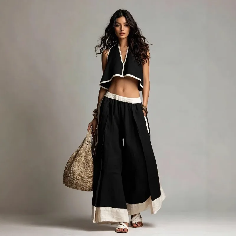 Summer Sexy V Neck Open Belly Button Loose Wide Leg Pants Set Vestidos Women's Sleeveless Vest Cotton and Linen 2-piece Outfits