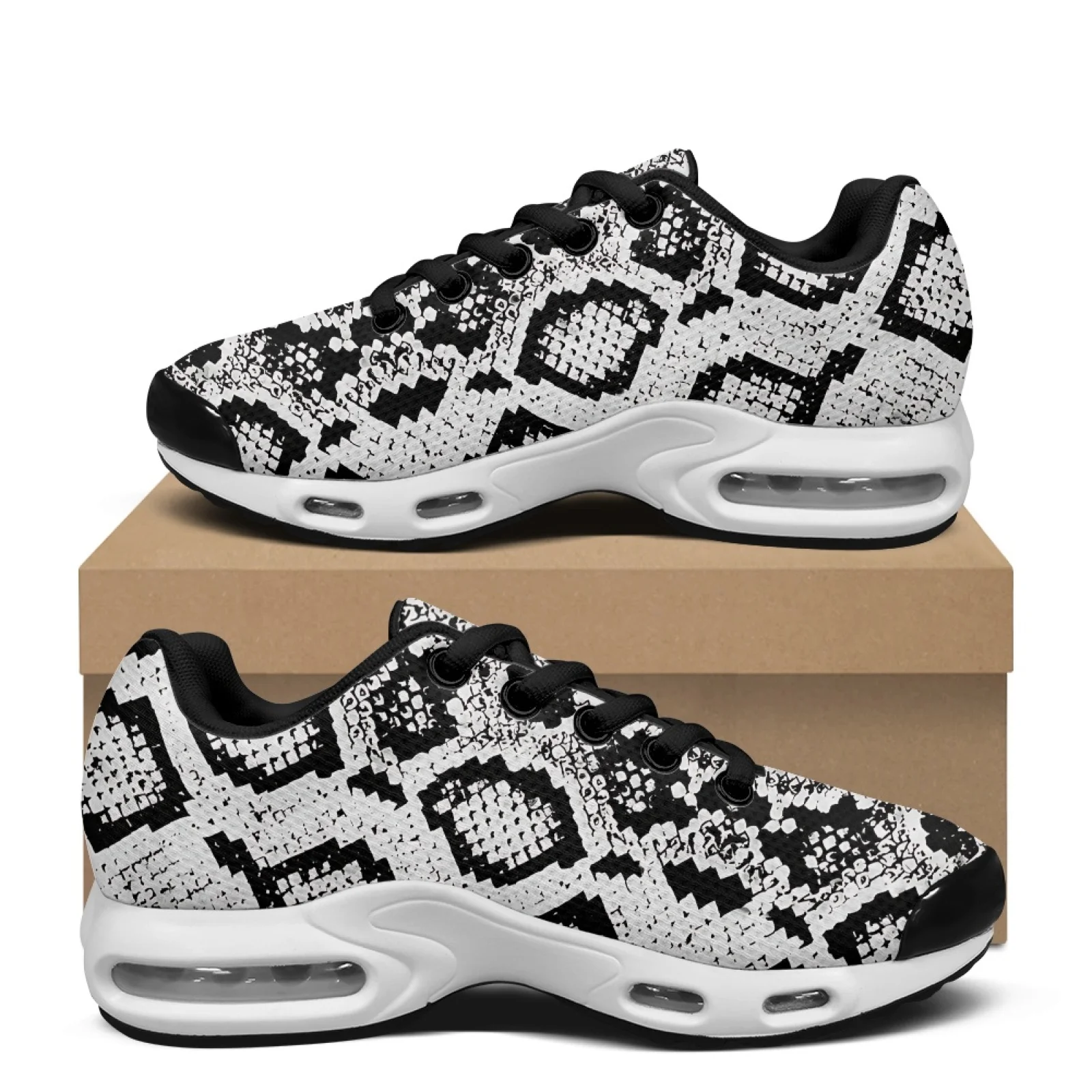 PENSTROLL Black White Pixel Geometric Air Cushion Walking Sneakers for Men, Antislip Mens Running Sport Shoes