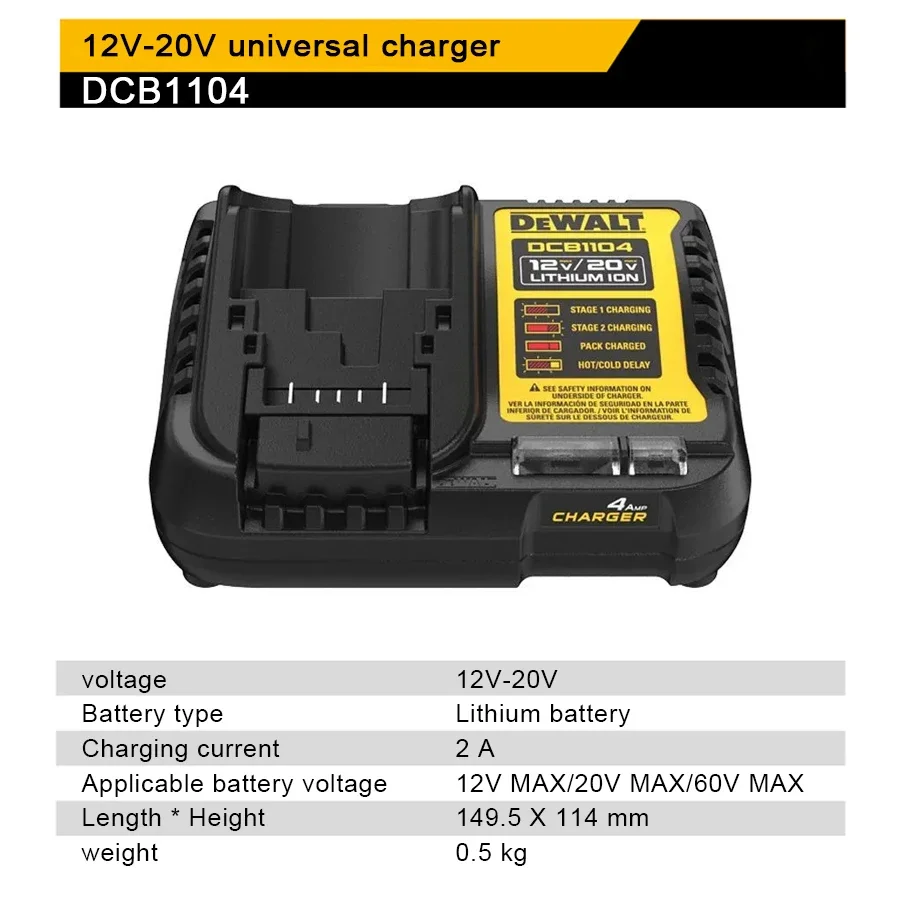 DEWALT DCB1104, 12V-20V 4A Lithium-Ion Charger Battery Charger for Dewalt Power Tools LED Indicator Rapid Charger