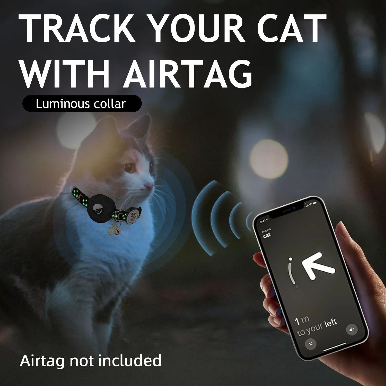 طوق القطط المضيء مع علامة معرف الحيوانات الأليفة الذكية لطوق القطط المتفصل مع حامل AirTag وجرس لعلامة Apple