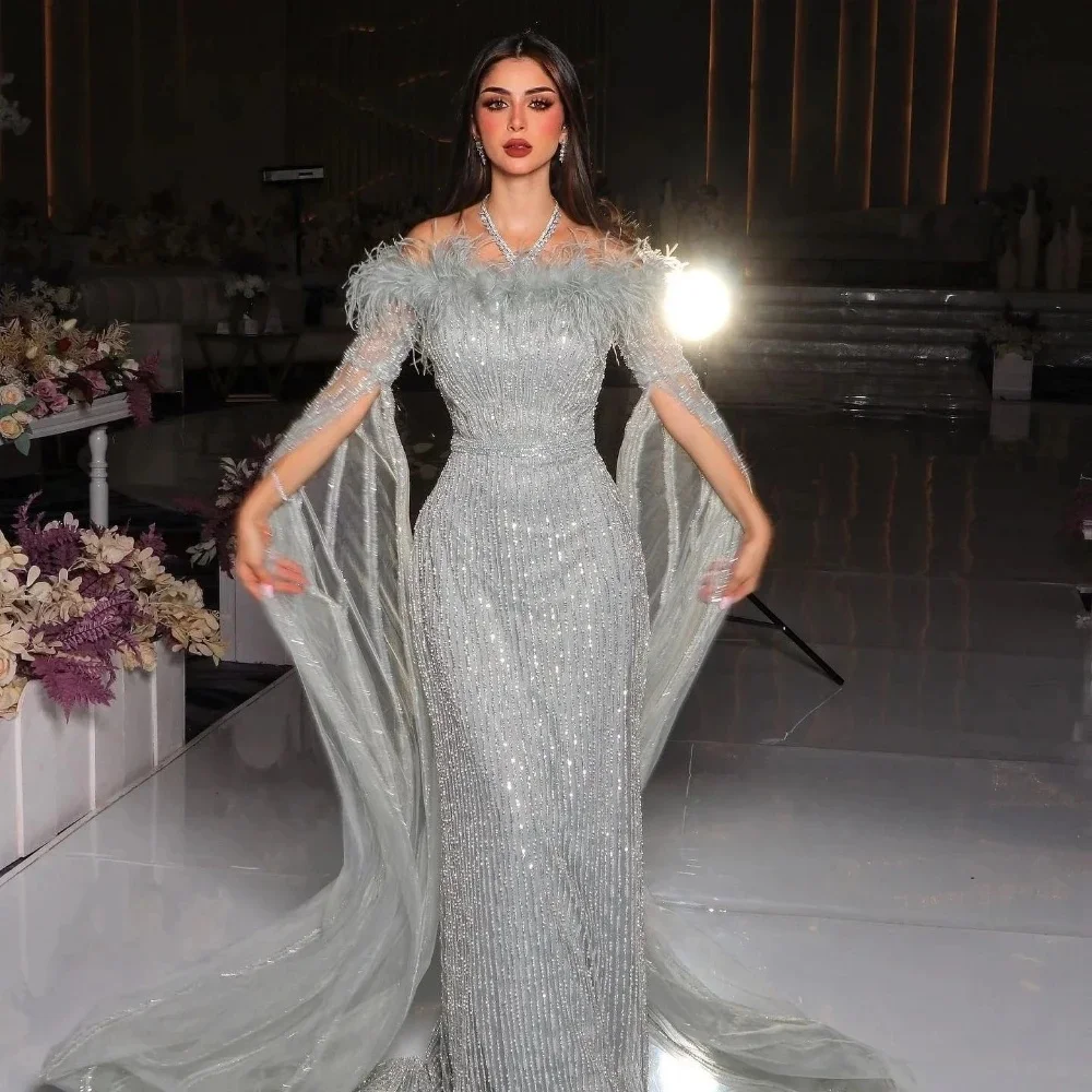 

New Luxury Prom Dress Feather Off-Shoulder Long Open Sleeves Formal Evening Dress Mermaid Floor-Length Wedding Dress Bridal Gown