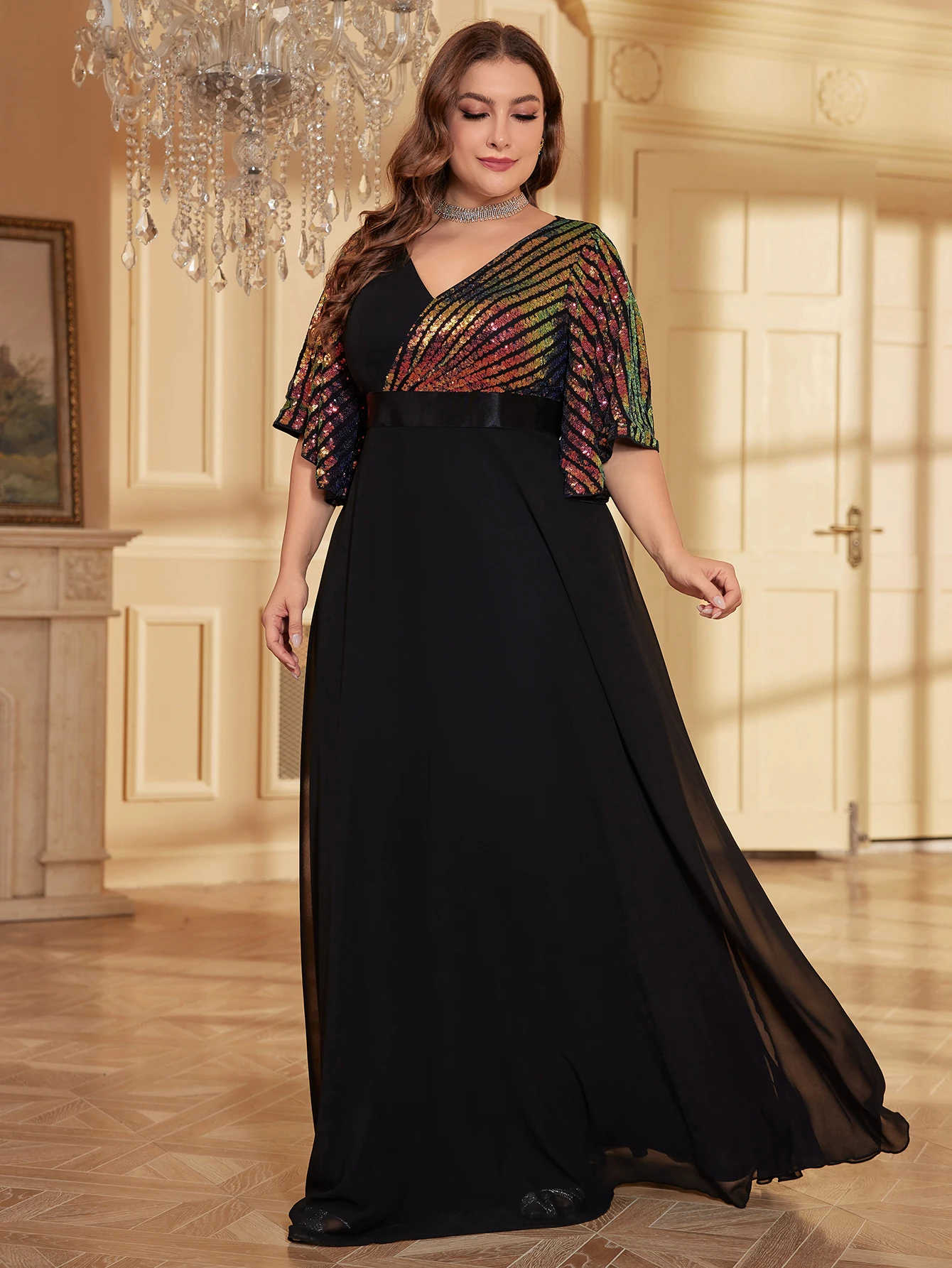 فستان سهرة رسمي نسائي ، كم زهور ، ترتر لامع ، شيفون مرقع ، بطول الأرض ، مقاس كبير #4