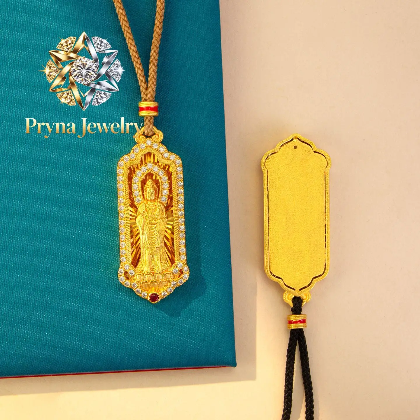 

Pryna Jewelry Luxury gold store 9999 24K real gold certifid point diamond Putuo Guanyin necklace women's exquisite retro clavi