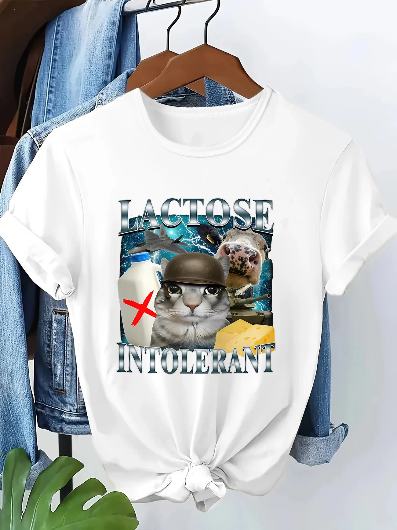 Y2k Lactose Intolerant Funny Cat Meme Print T-Shirt Women Retro Fashion Short Sleeve T-shirts Casual Summer Women Clothing