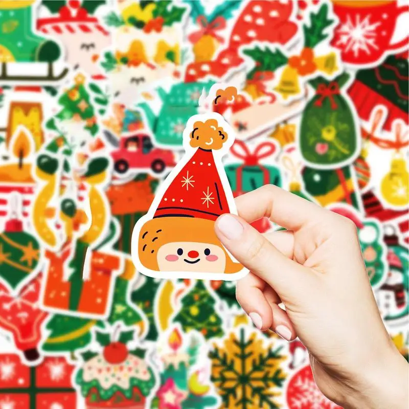 Stiker Natal 50 lembar stiker meriah untuk Laptop stiker Natal stiker tahan air untuk anak-anak dewasa gitar telepon Laptop