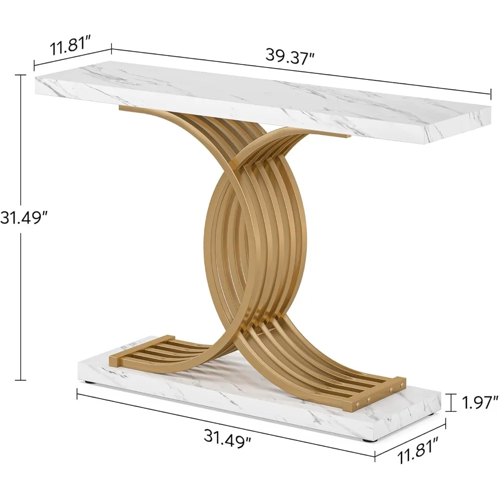 Gold Entryway Table, Modern 39-Inch Console  with Geometric Metal Legs, Faux Marble Narrow Wood Sofa Table,Foyer for Entrance