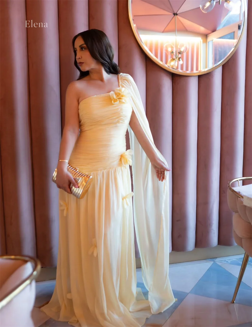Elena Chiffon One-Shoulder Yellow A-Line Elegant Evening Gown Design With Flowing Flowers Vestidos 2026 Tendencias Customized