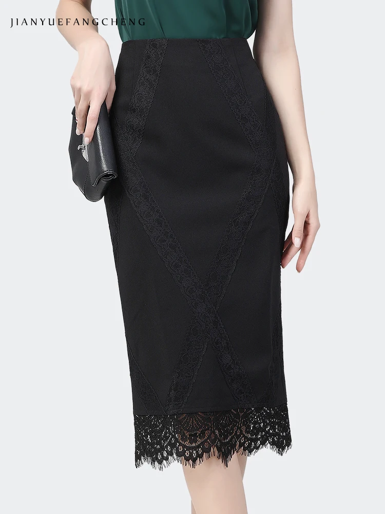 Women Summer High Waist Black Pencil Skirt Mid-Length Office Ladies Wrap Skirt With Lace Edge Sexy Elegant Work One Step Skirts