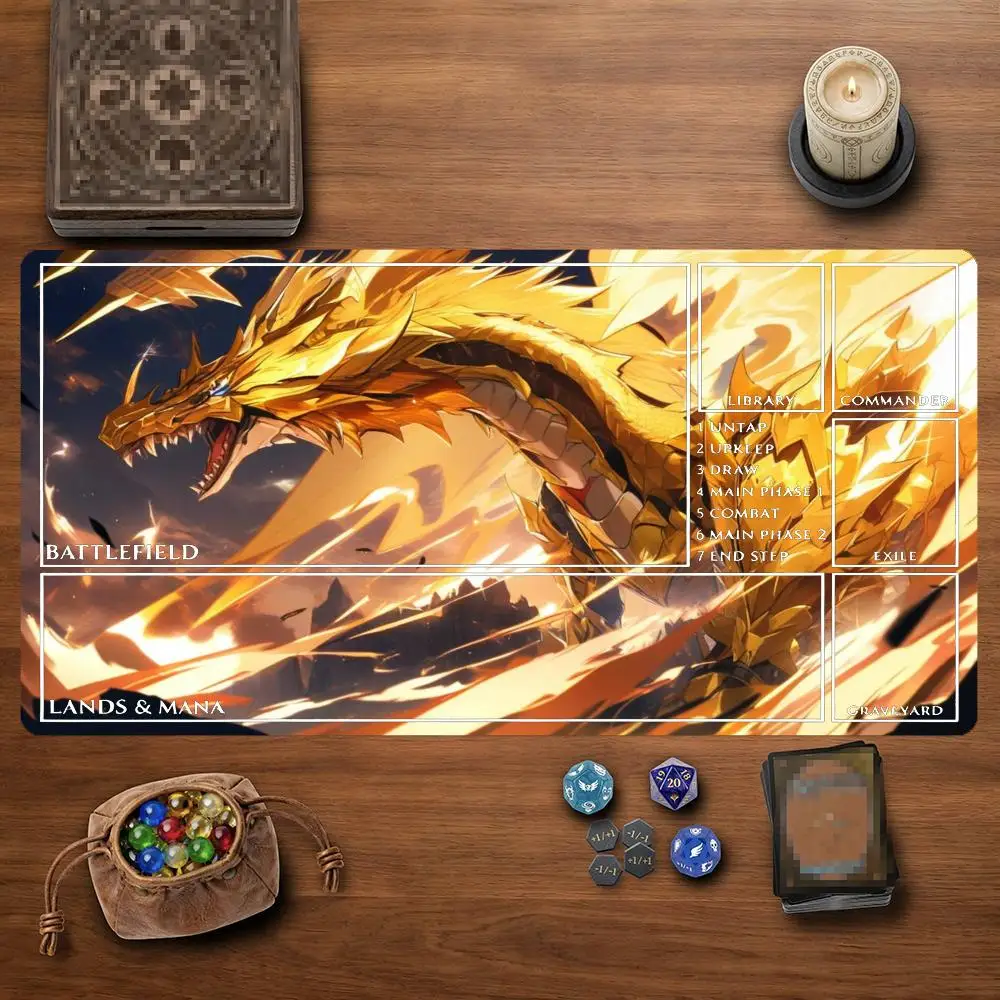 Anime Orange Dragon With Blue Flame TCG Playmat 35X60CM Magic Card Battle Mat Non-Slip Durable Stitched Edge Tabletop Playmat