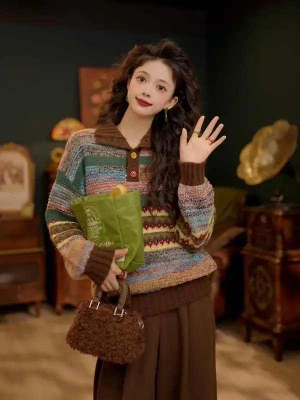 

Женский трикотаж в полоску в стиле ретро, новинка весны, уникальный супер красивый вязаный свитер, модный длинный свитер...