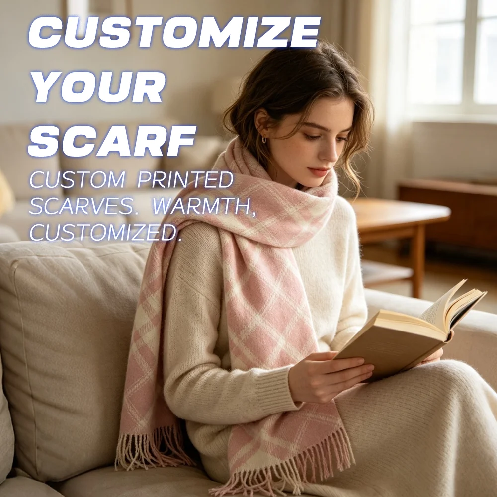 Custom Print Vertical Faux Cashmere Fringe Scarf Personalized Logo Text Pattern Front Printed Winter Neck Wrap Gift Daily Outfit