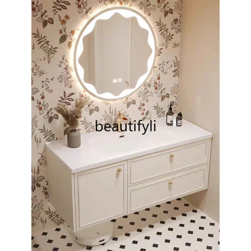 

Cream wind integrated ceramic basin bathroom cabinet combination bathroom washbasin solid wood light luxury