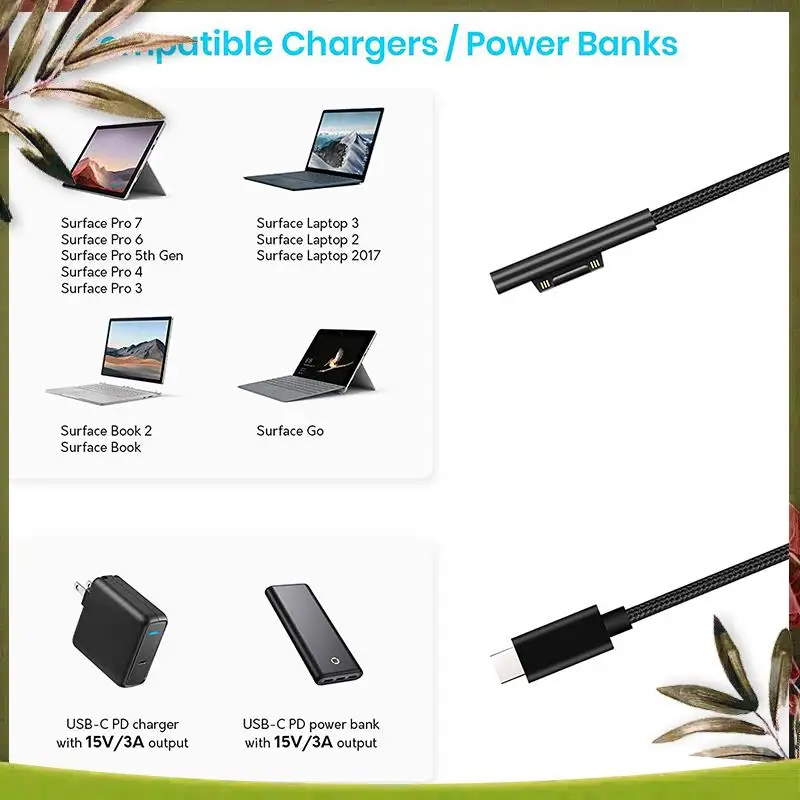 New-Nylon Braided Surface Connect To USB-C Charging Cable PD 15V For Surface Pro 7/6/5/4/3,Laptop 3/2/1,Surface Go