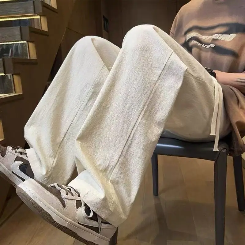 Calças casuais para homens verão novo gelo seda na moda esportes solto tubo reto para homem