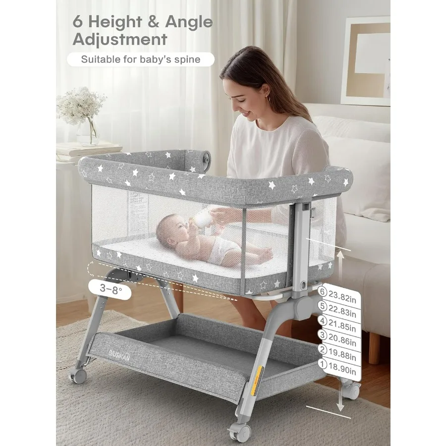 Berço portátil de cabeceira para recém-nascidos, com altura ajustável, design AllMesh, rodas de rolamento suave atualizadas, CoSleeping C