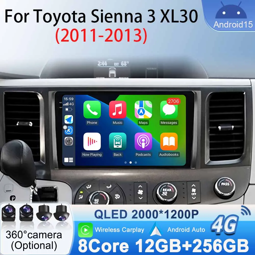 Wireless Carplay Auto Stereo Car Radio for Toyota Sienna 3 XL30 2011 - 2013 Navigation GPS Android15 Multimedia Player Head Unit