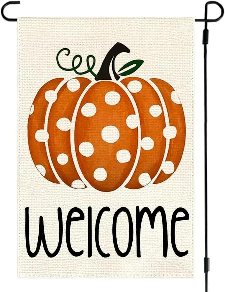 RABUSOFA Welcome Fall Garden Flag 12x18 Inch Double Sided for Outside, Thanksgiving Polka Dot Pumpkin Outdoor Seasonal Yard Flag