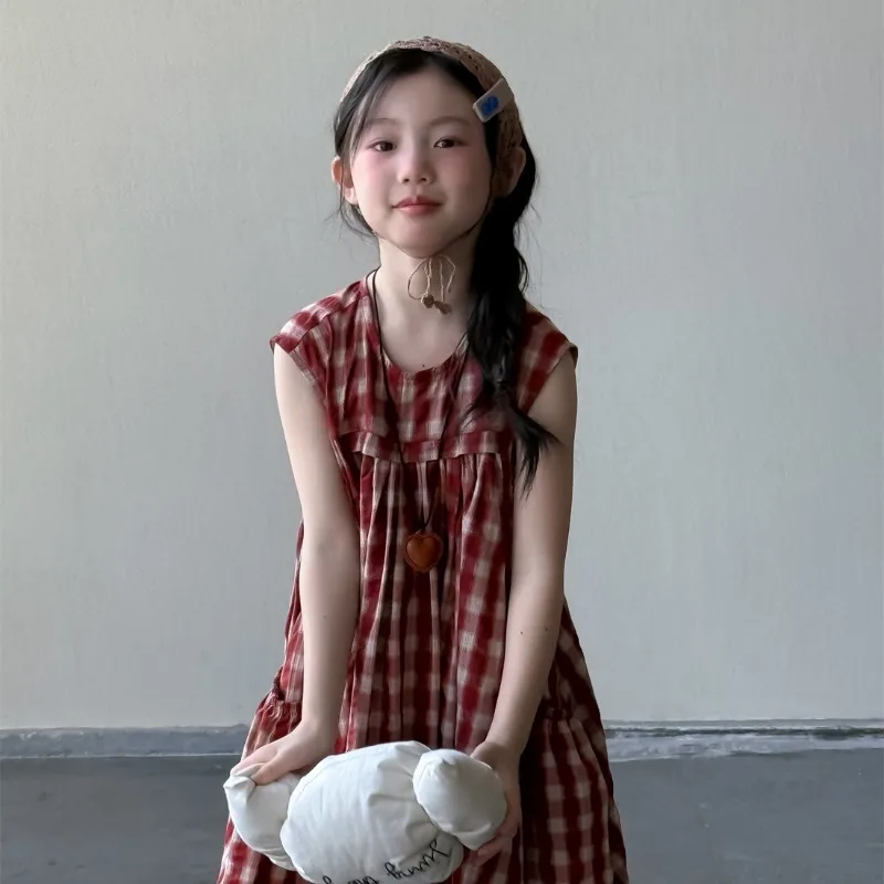 

Girls' Dress 2025 Summer New Korean Edition Cute Little Girl Cotton Loose Casual Red Plaid Dress Stylish