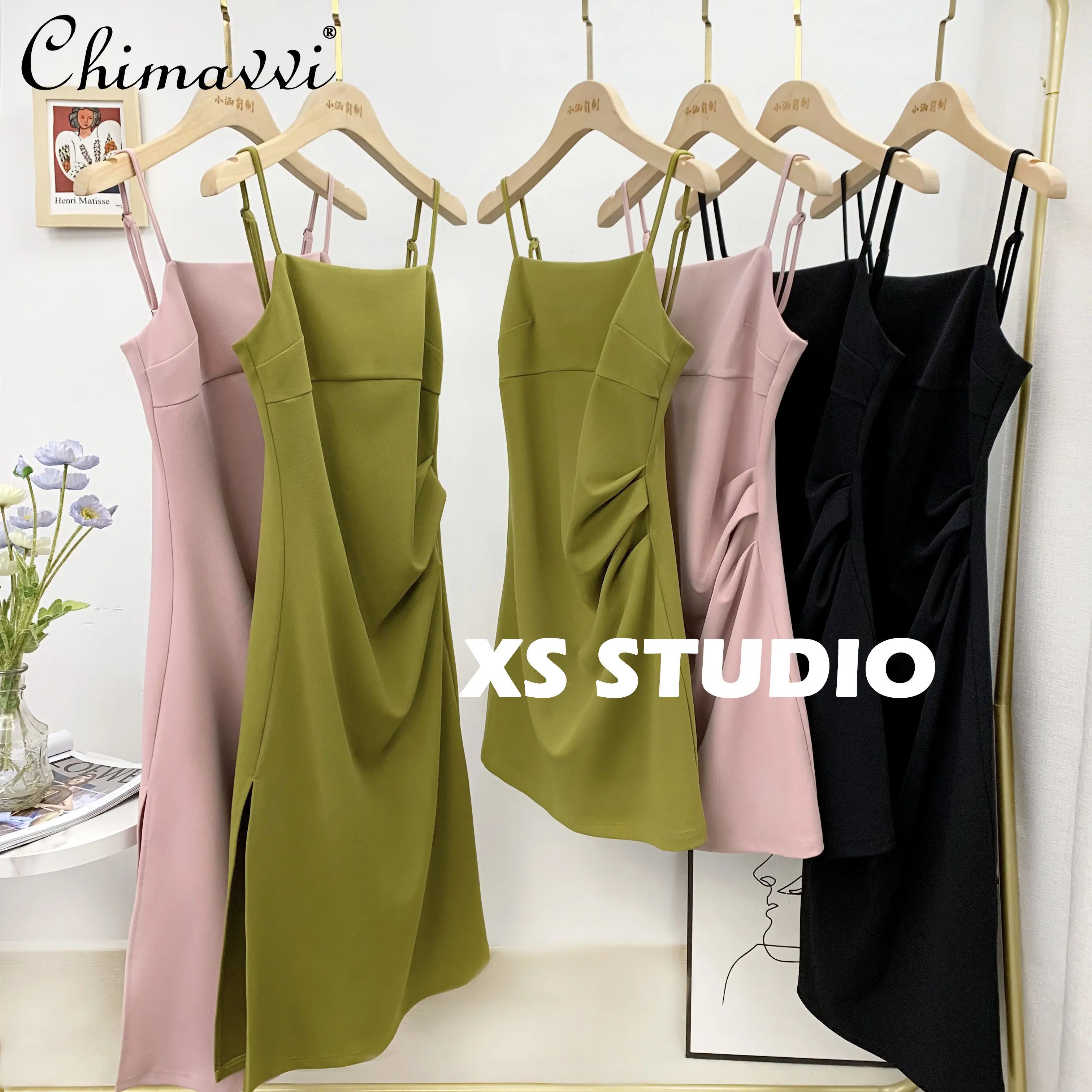 

Pink Stretch Strap Dress for Women 2023 Spring Summer New High Waist Elegant Party Dress High-End Socialite Long Elegant Dress