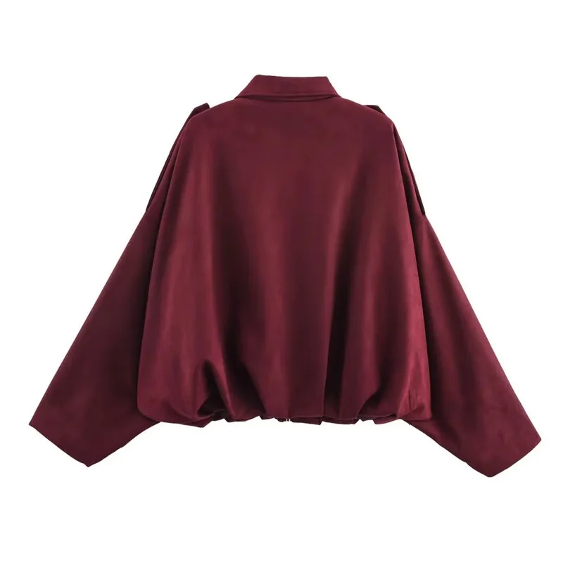 New Women's Faux Suede Bomber Jacket Fashionable Batwing Long Sleeve Zip Up Cropped Coat Autumn Streetwear Cropped