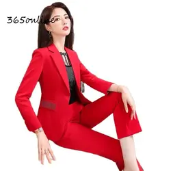 Novidade vermelha profissional trajes formais para mulheres, conjunto de blazers femininos, desenhos uniformes de manga comprida, calças, outono, inverno