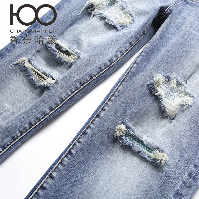 PW656  cheiharper 100 street style blue ripped jeans for men, slim fit and elastic denim pants with rhinestones