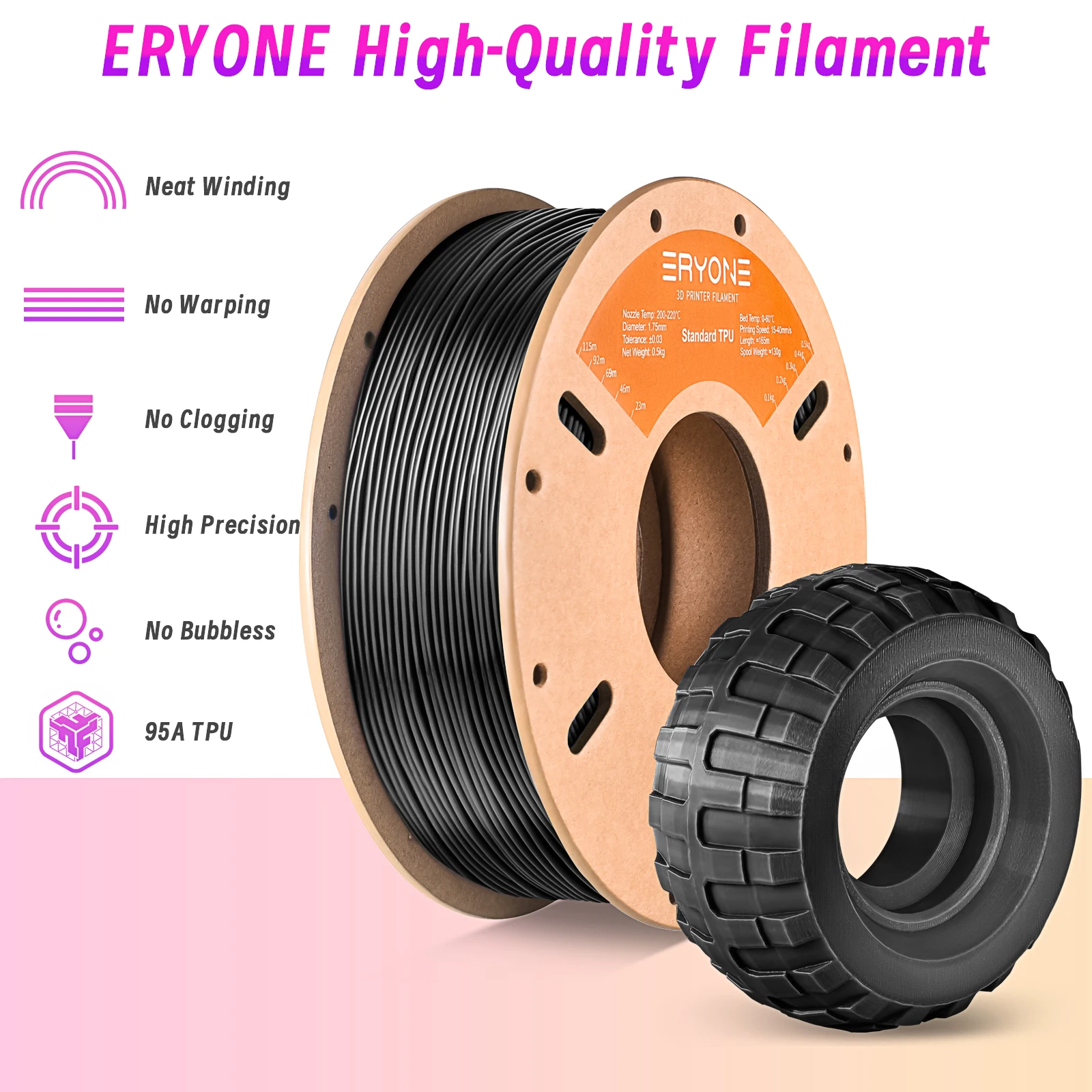 Filament Eryone 500G TPU Premium do druku 3D, Dostępne różne kolory, 500g filamentu TPU, Wielka Wyprzedaż, 500G/Szpula — zdjęcie produktu 5