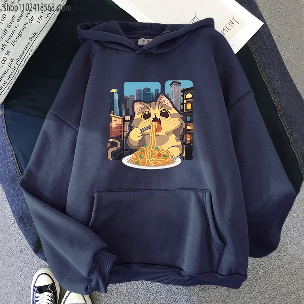 Cat Eating Spaghetti Hoodie for Women Cartoon Cute Animal Print Sweatshirt Men Aesthetic Clothes Harajuku Kawaii Girl Streetwear