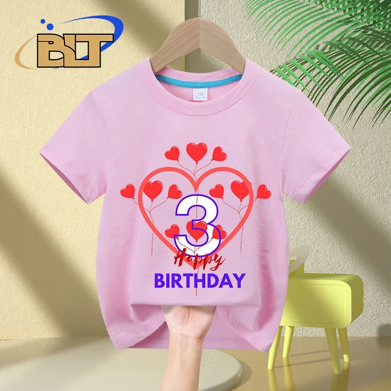 T-shirt estampada para festa de aniversário infantil, camiseta infantil de algodão de manga curta, adequada para meninos e meninas, verão