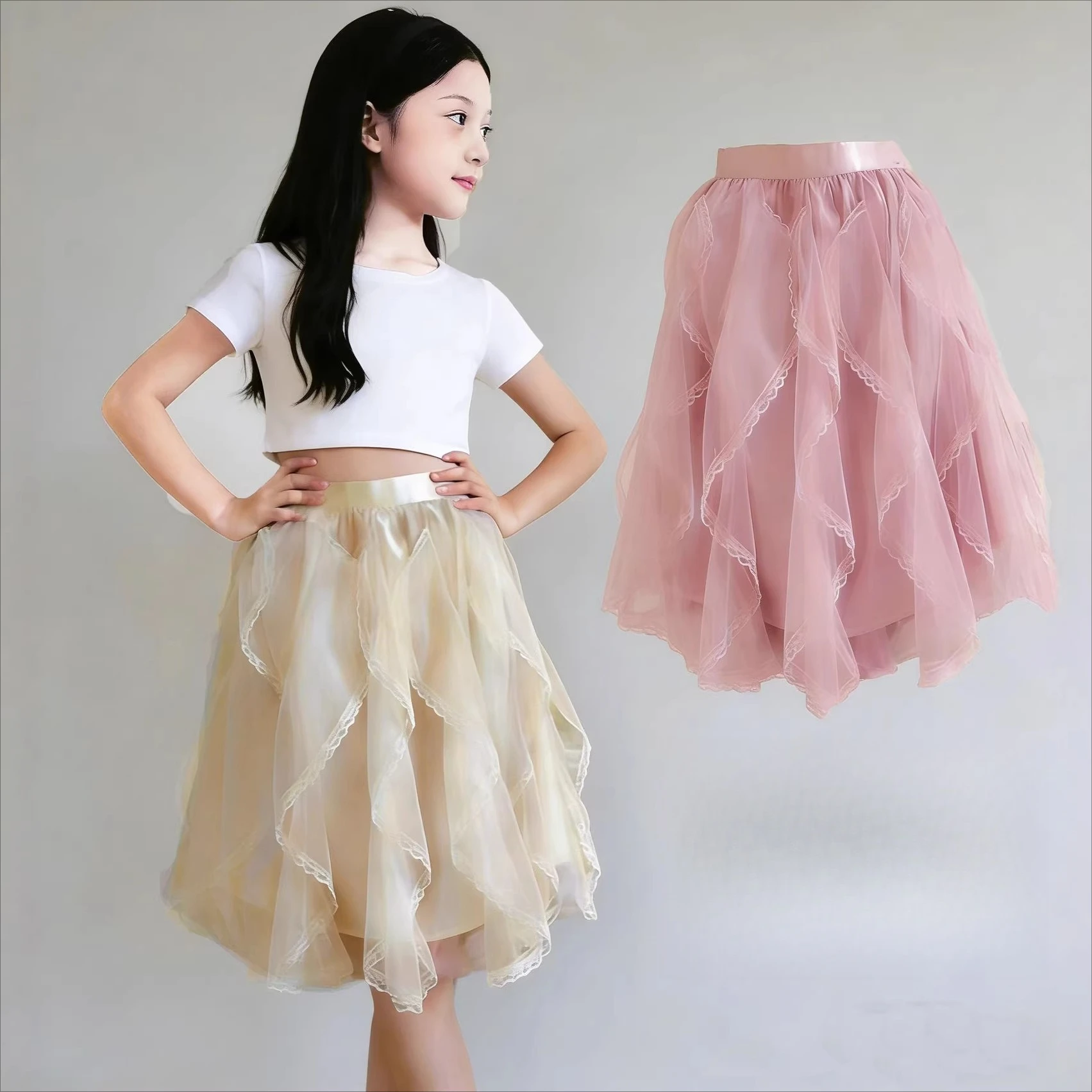 

Kids Girls Irregular Mesh Tulle Skirt French Lace Ruffl Skirt Summer Princess Party Tutu Skirt Elastic Waist Pink Fairy Skirts