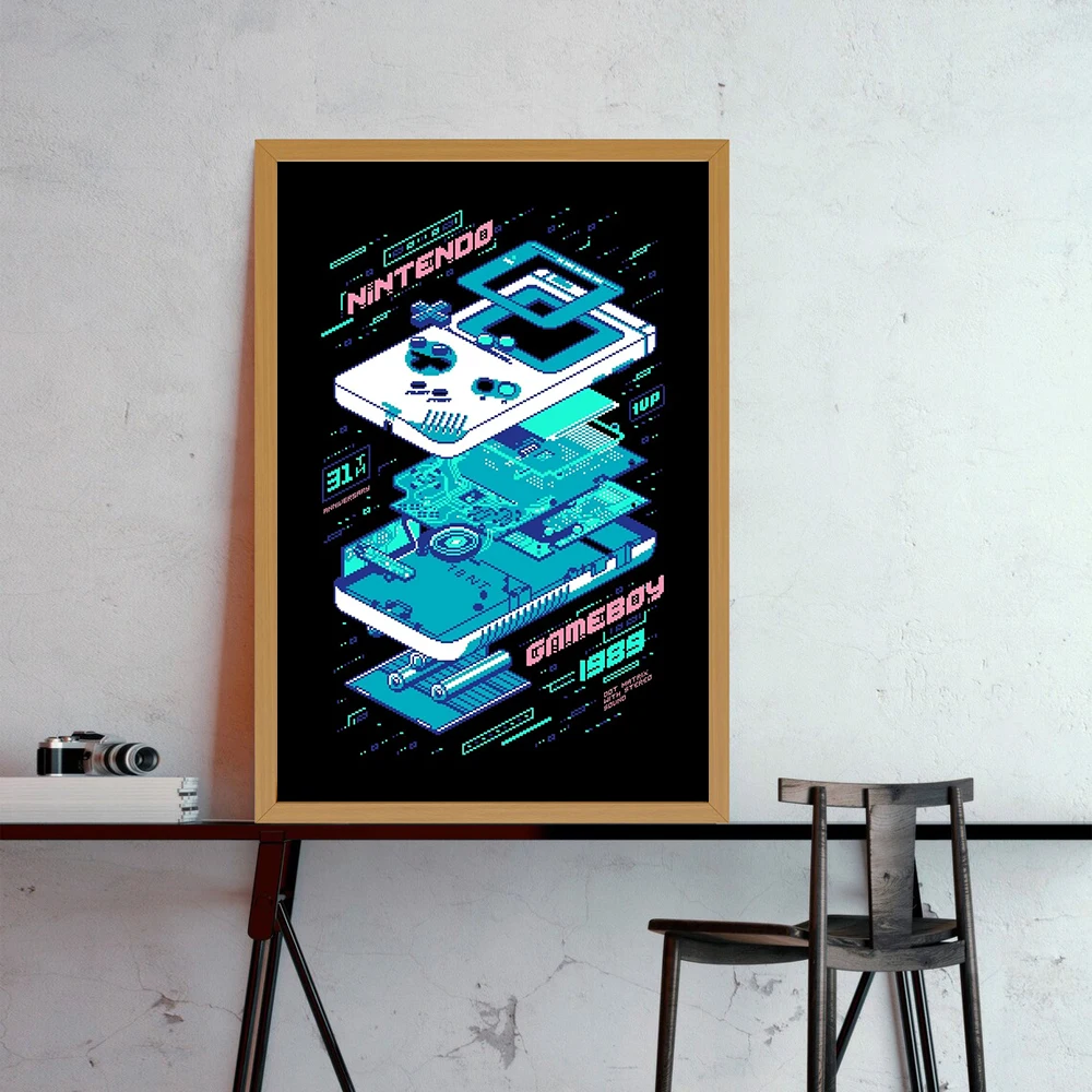 Classic Game Console Disassembly Diagram Poster Canvas Prints Classic Game Boy Game Player Wall Decor for Kids Room Gaming Room