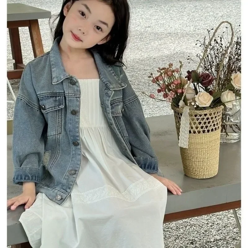 

Girls Spring Autumn Denim Jacket Fashionable New Style Children's Loose Casual Coat Versatile for Kids 4 6 8 10 12 Years