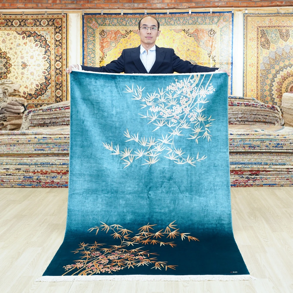 YILONG 4'x6' Peacock Green Bamboo Carpet Chinese Decorative Art Handmade Silk Rug