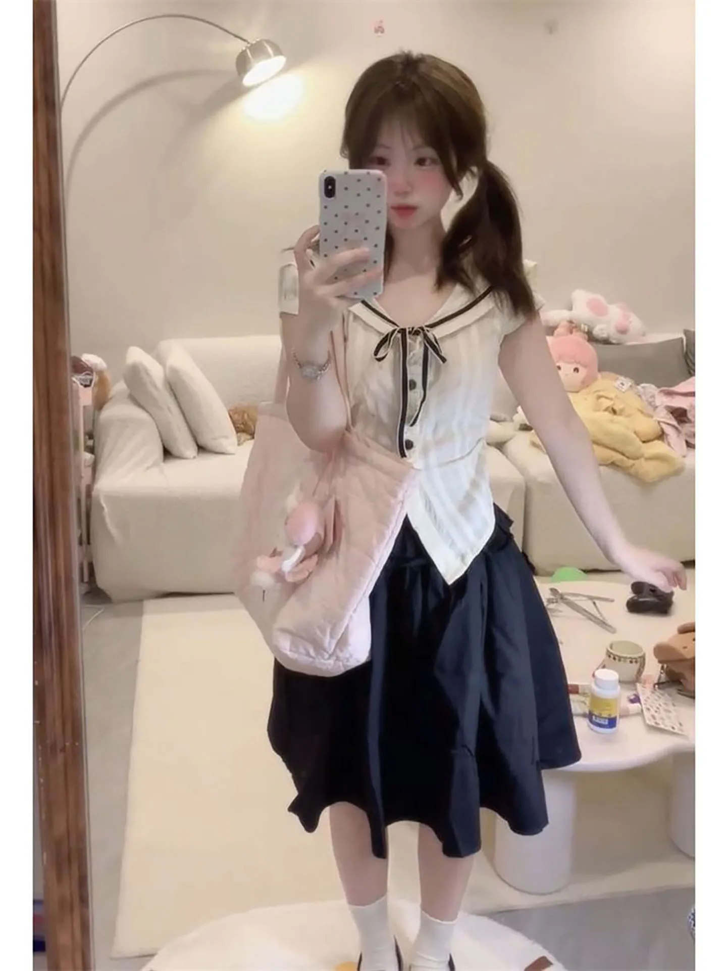 

Elegant Black Skirt And White Shirt Two-Piece Set Navy Collar Gentlewoman Style Summer Fashion Women's High Waist Skirt
