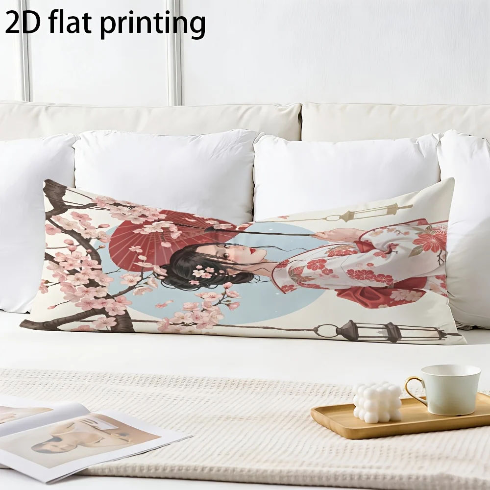 2D Flat - Long Pillowcase, 2D Printed Design, Cherry Blossom And Kimono Pattern, Full Body Support Pillowcase, Durable Fabric, I
