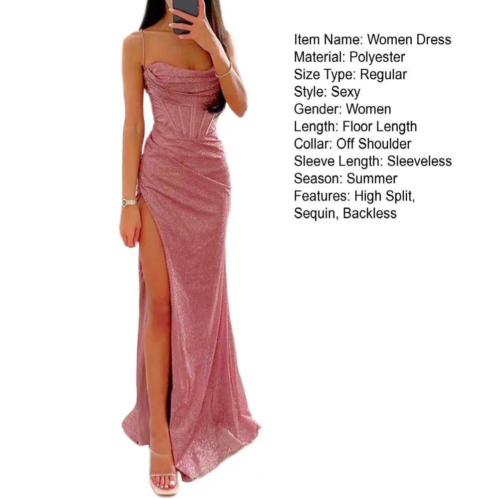 Women Evening Dress Shiny Sequin Spaghetti Strap Maxi Dress Off Shoulder Sleeveless Low-cut High Split High Waist Prom Dress