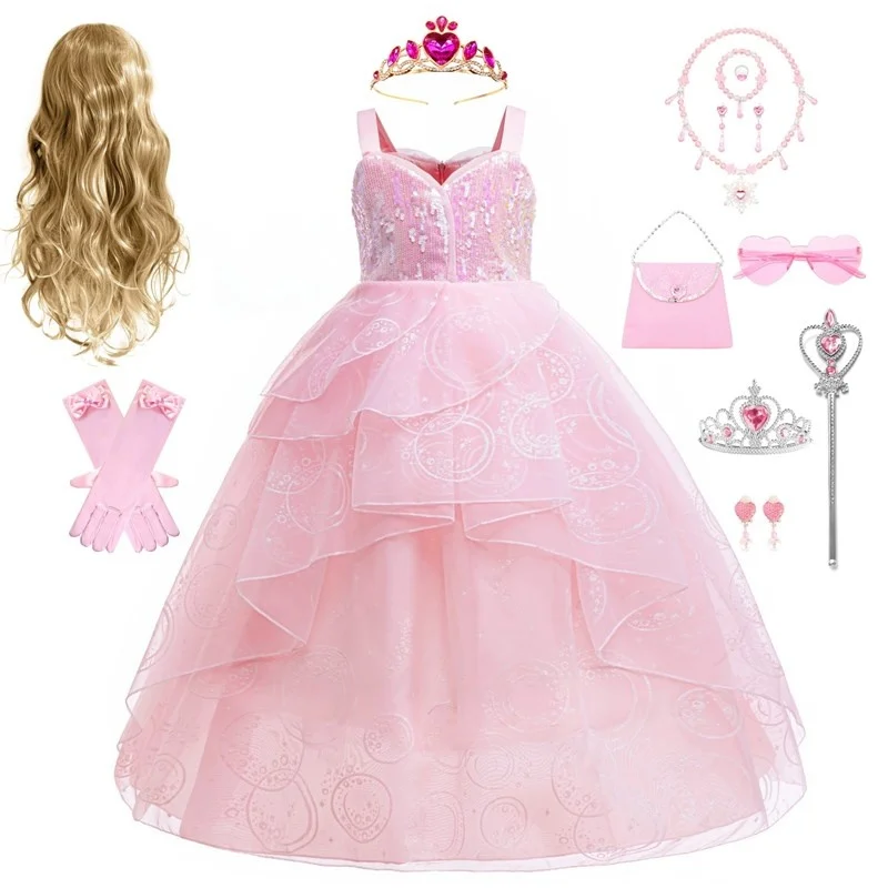 

Glinda the Witch Cosplay Costume Sparkling Pink Princess Dress Halloween Performance Gown Girls Wedding Dress Outfit Children...