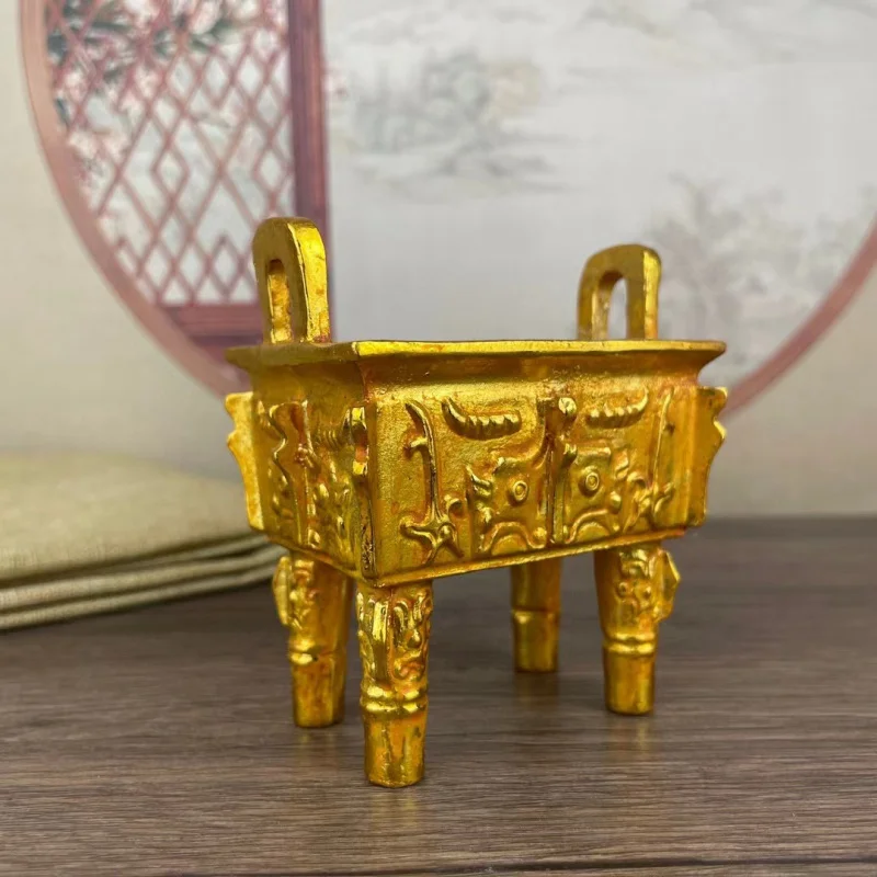 Gilding Binaural Four-Legged Ding Animal Surface Pattern Copper Incense Burner Home Worship Incense Burner Ornaments Old Objects