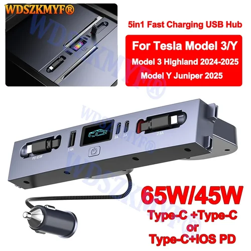 Para Tesla nuevo modelo Y Juniper 2025 modelo 3 Highland 2024 65W 45W Control Central de carga rápida TPYE-C base de expansión de concentrador USB