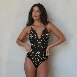 Flaxmaker Women One Piece Swimsuit and Skirt Black Laser Cutting Flower Hollow Swimwear Summer Deep V Neck Bathing Suit 2025