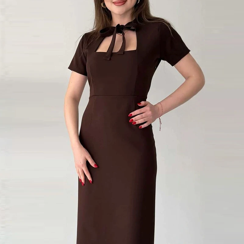 Elegant Summer Party Office Sheath Dress Women Polka Dot Print Maxi Dress Chic Short Sleeve Tie Neck Cutout Bodycon Pencil Dress